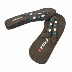 Vintage Y2K Brown Roxy Thong Flip Flop Sandals With Shells And Beads Size 8.5